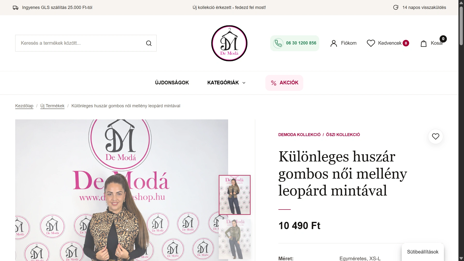 Demoda termékadatlap, galériával és a ruházati termék adataival