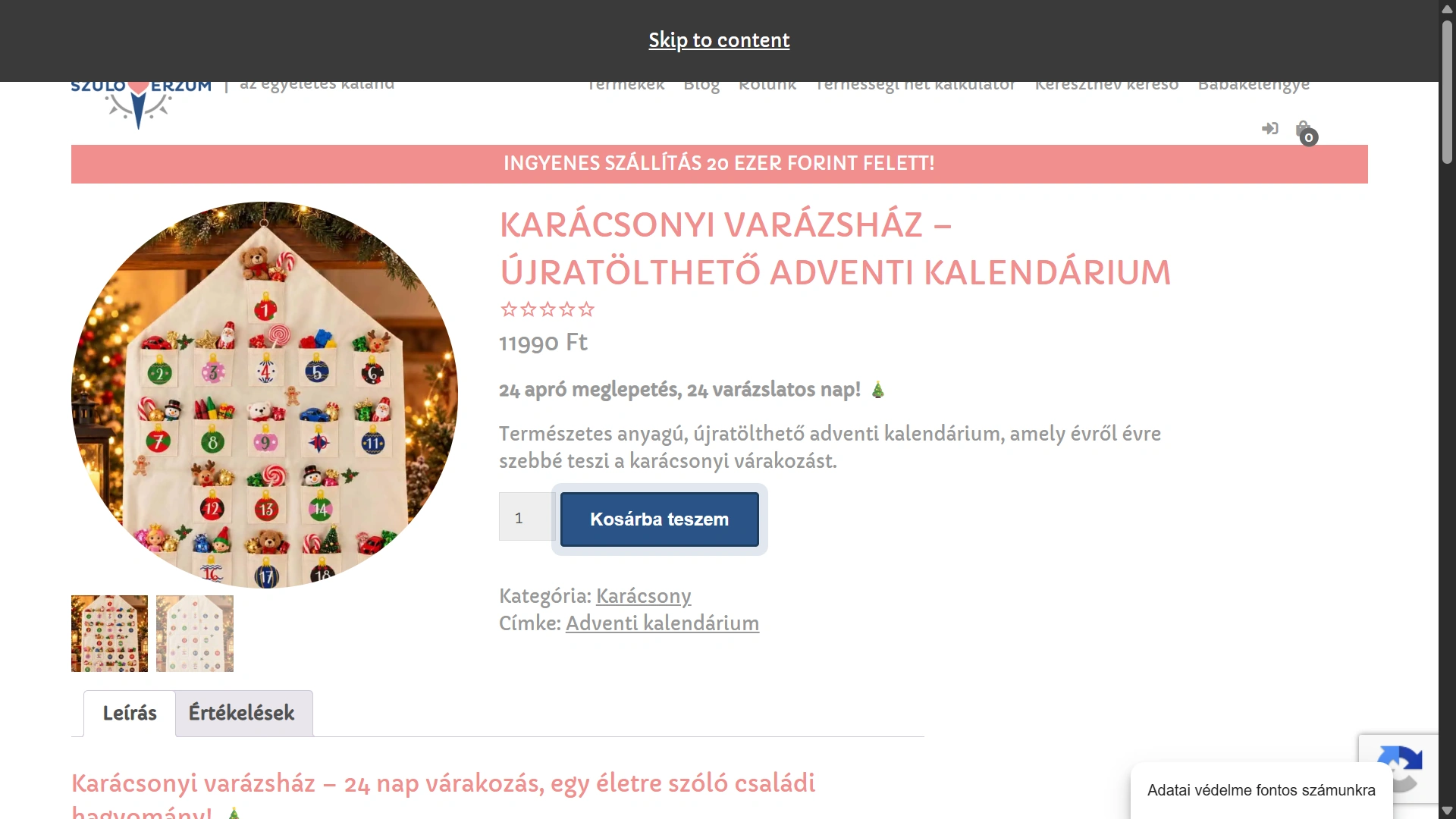 A Szülőverzum adventi kalendáriumának termékoldala a valódi termékfotókkal